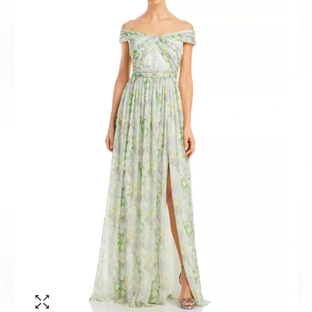 BNWT Adrianna Papell Off Shoulder Chiffon Gown Spring Mint Multi 12 and 14 - Picture 3 of 7